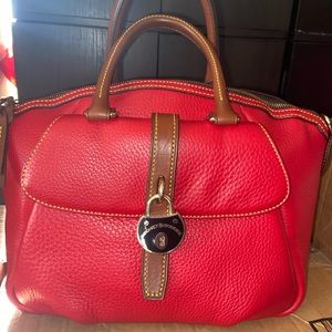 Dooney Bourke Red Samba Pebbled Leather Large Domed Pocket Satchel.